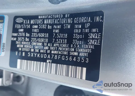 2015 Kia Sorento Ex V6 from USA, damaged, VIN 5XYKUDA78FG564353